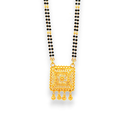 22k Gold Mangalsutra with broad rectangular filigree pendant and black beaded chain – Regal Jewels RJM3140