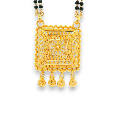 22k Gold Mangalsutra close-up of engraved pendant with intricate gold patterns – Regal Jewels RJM3140A