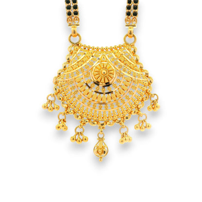 Close-up of handcrafted gold mangalsutra pendant featuring filigree detailing and hanging gold balls – RJM3142A by Regal Jewels