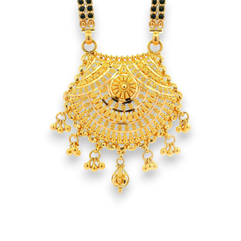 Close-up of handcrafted gold mangalsutra pendant featuring filigree detailing and hanging gold balls – RJM3142A by Regal Jewels