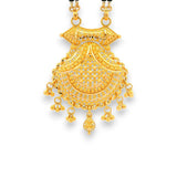 Zoomed view of gold mangalsutra pendant showcasing semi-circular filigree and ghungroo drops – RJM3143A Regal Jewels