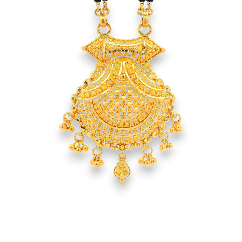Zoomed view of gold mangalsutra pendant showcasing semi-circular filigree and ghungroo drops – RJM3143A Regal Jewels