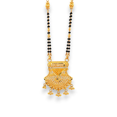 Elegant 22k gold mangalsutra with intricate pendant and twin black bead chains – Regal Jewels RJM3144