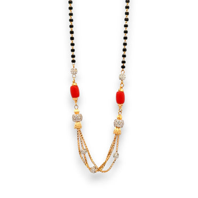 Designer 22k gold mangalsutra with red coral beads, triple chain layers, and detailed pendant – Regal Jewels RJM3146
