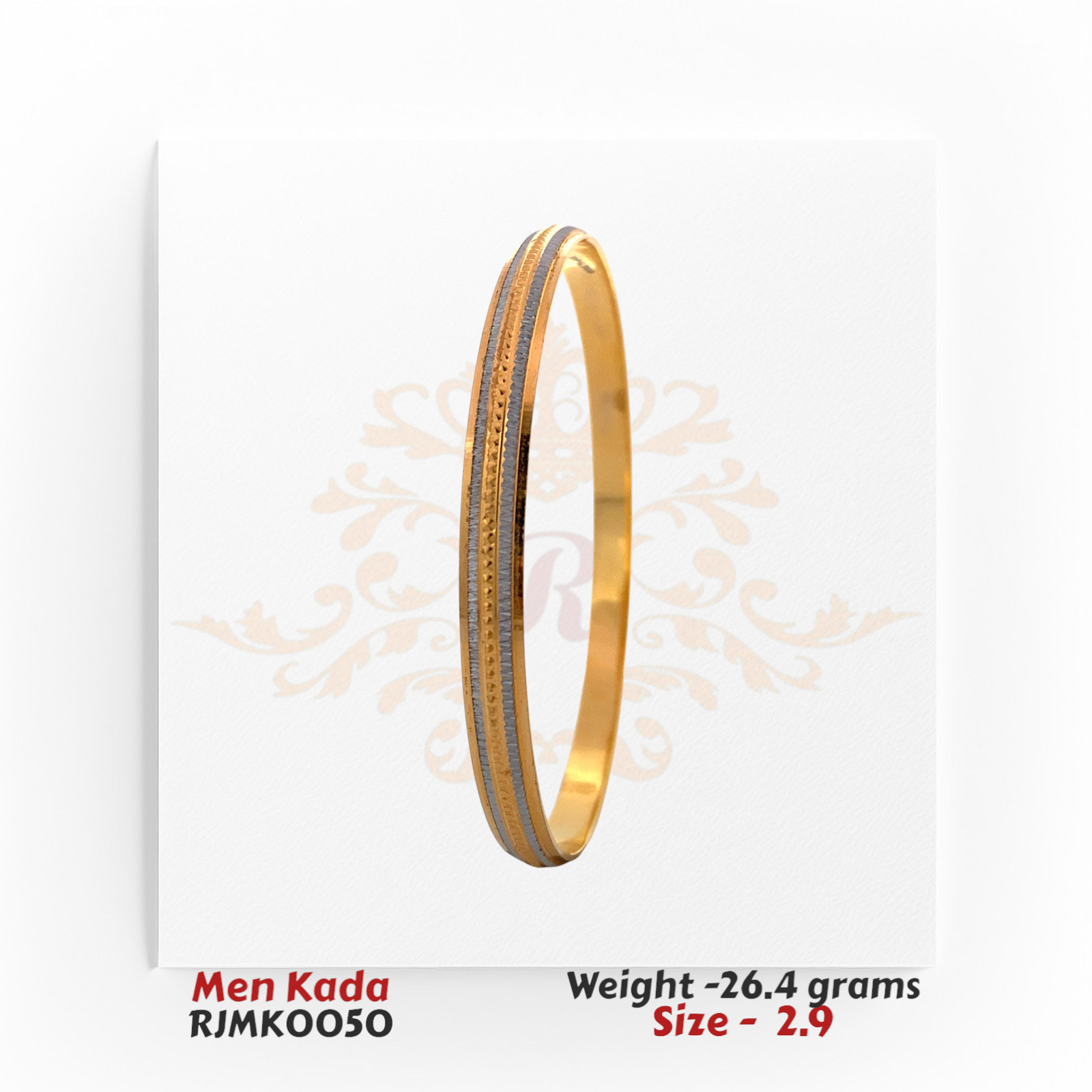 Angled view of 22kt gold men's kada featuring two-tone matte and polished contrast with fine detailed etching, RJMK0050, weight 26.4 grams, size 2.9.