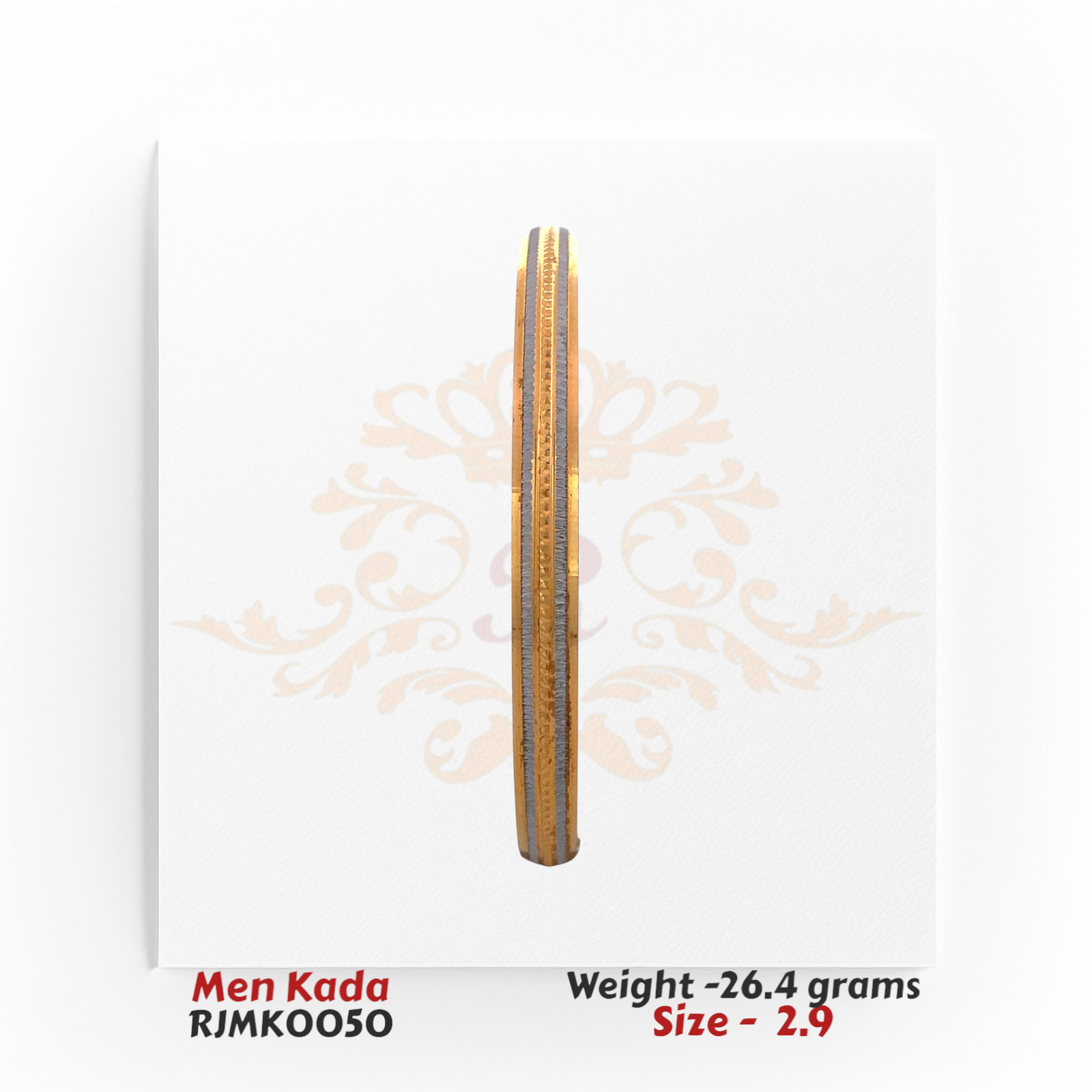 22kt gold men's kada with dual-tone finish and intricate diamond-cut texture, product code RJMK0050, weight 26.4 grams, size 2.9.