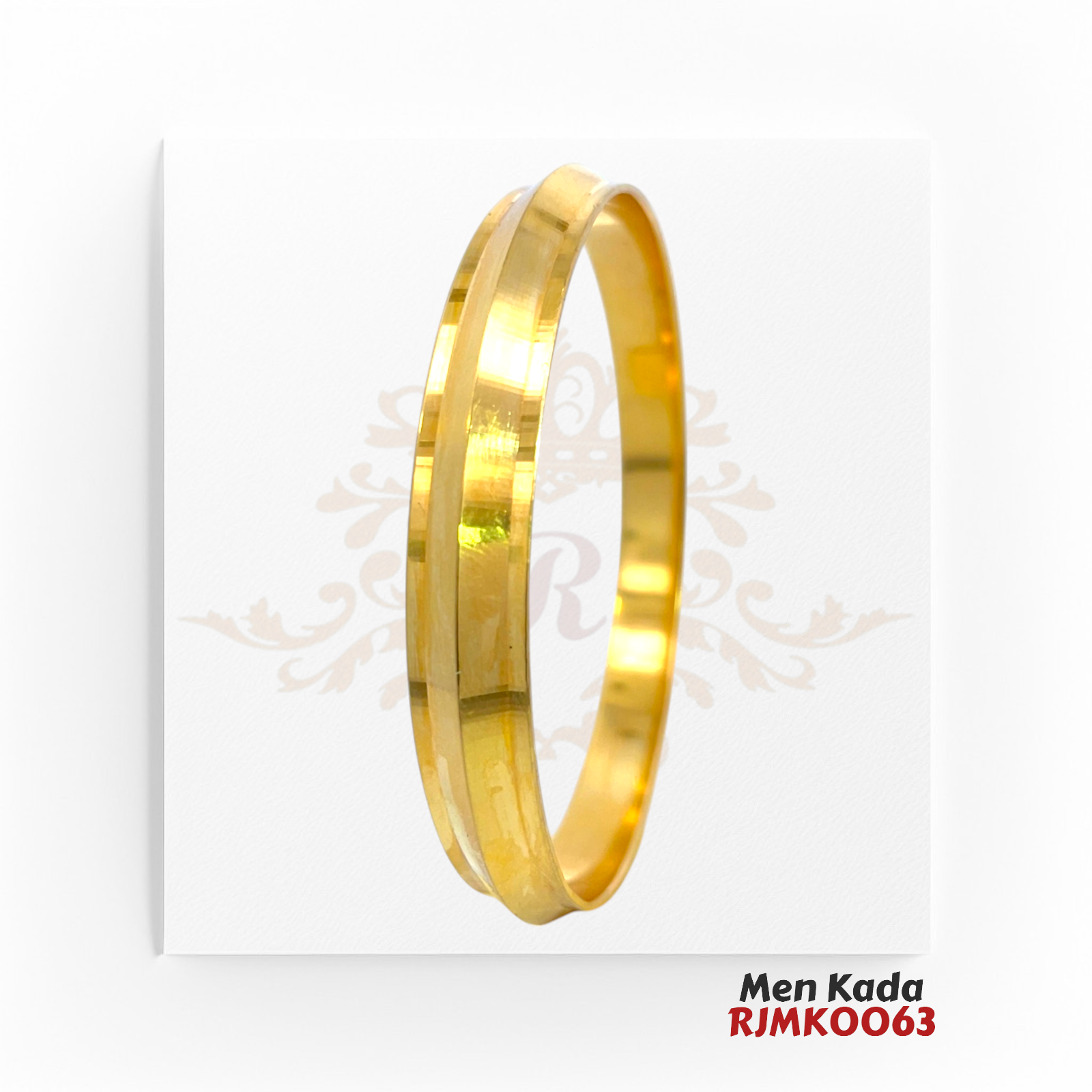 22kt Gold Men's Kada RJMKO063 – A 77.20-gram gold kada with a polished finish and central groove accent. Size 2.14 inches. Available at Regal Jewels.