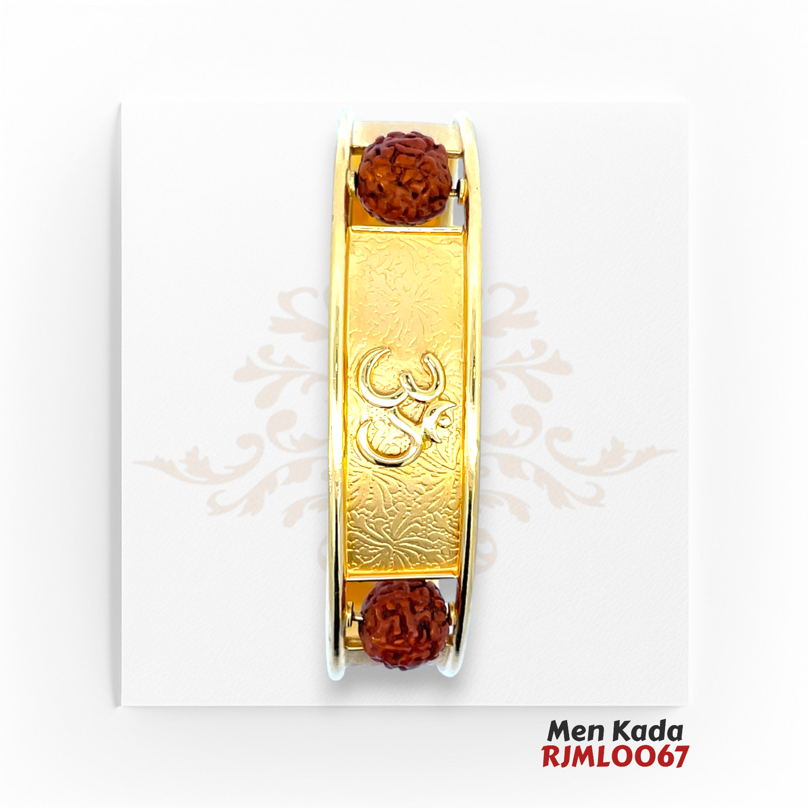 22kt Gold Men's Kada RJMLO067 – A 26.20-gram gold kada with an engraved Om symbol, floral etching, and sacred Rudraksha beads. Free-size adjustable fit. Available at Regal Jewels.