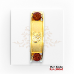 22kt Gold Men's Kada RJMLO067 – A 26.20-gram gold kada with an engraved Om symbol, floral etching, and sacred Rudraksha beads. Free-size adjustable fit. Available at Regal Jewels.