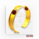 22kt Gold Men's Kada RJMLO067 – A 26.20-gram gold kada with an engraved Om symbol, floral etching, and sacred Rudraksha beads. Free-size adjustable fit. Available at Regal Jewels.