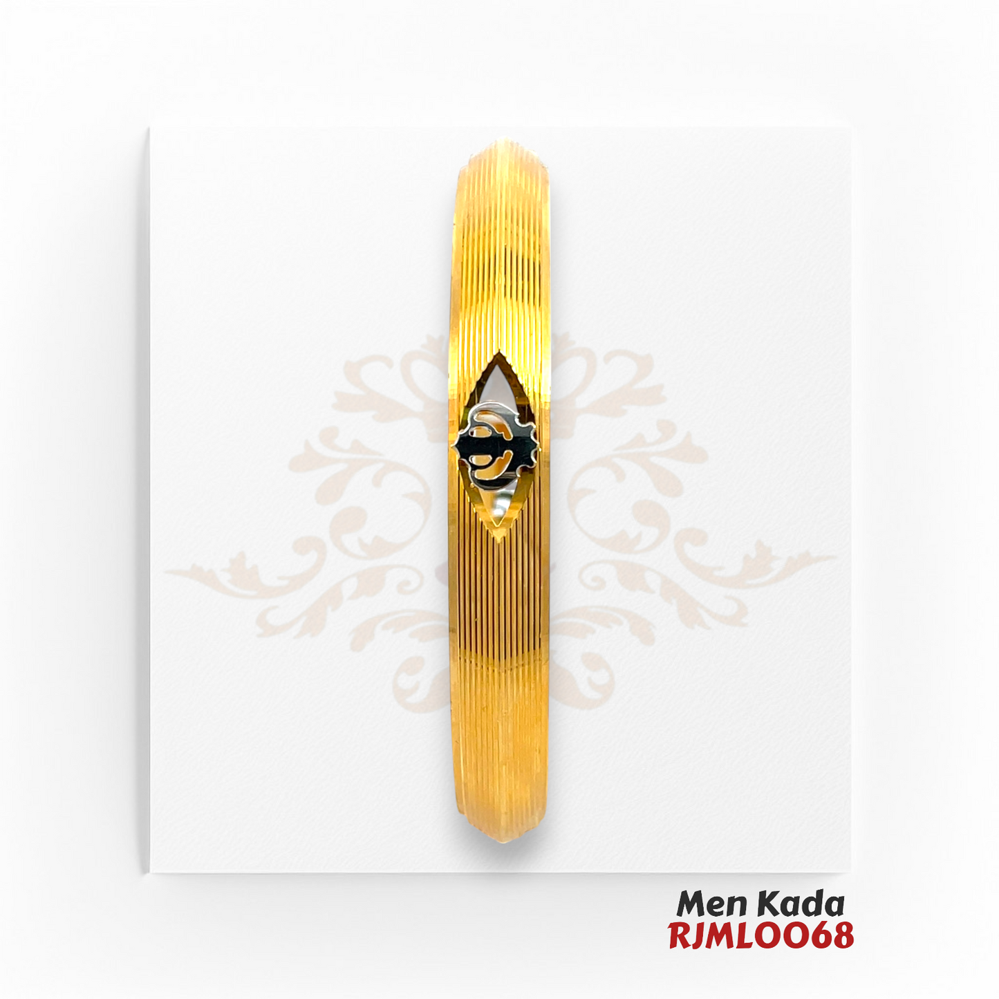 22kt Gold Men's Kada RJMLO068 – A 38.30-gram gold kada with a 2.14-inch diameter, featuring a sleek linear design and a black Om cut-out centerpiece. A bold and spiritual men’s accessory, available at Regal Jewels.