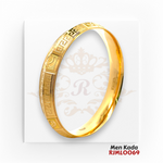 22kt Gold Men's Kada RJMLO069 – A 65.40-gram gold kada with a 2.14-inch diameter, featuring the Khanda symbol and intricate Greek key engravings. A bold and traditional men’s accessory, available at Regal Jewels.