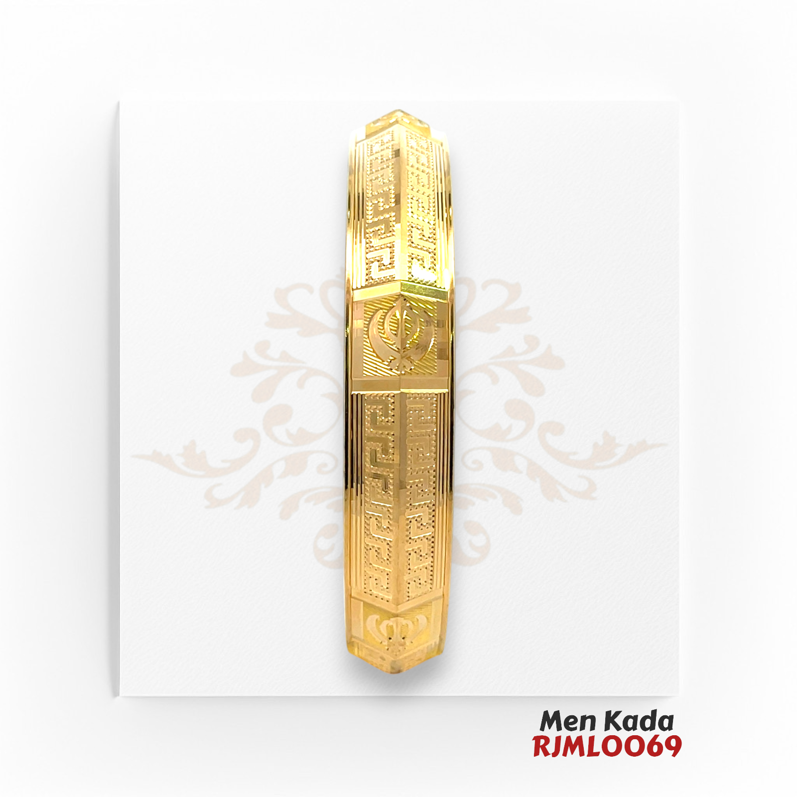 22kt Gold Men's Kada RJMLO069 – A 65.40-gram gold kada with a 2.14-inch diameter, featuring the Khanda symbol and intricate Greek key engravings. A bold and traditional men’s accessory, available at Regal Jewels.