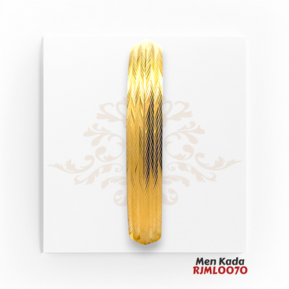 22kt Gold Men's Kada RJMLO070 – A 58.10-gram gold kada with a 2.13-inch diameter, featuring a detailed chevron-engraved design. A bold statement piece for men, available at Regal Jewels.
