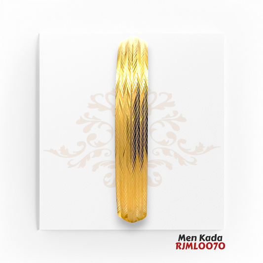 22kt Gold Men's Kada RJMLO070 – A 58.10-gram gold kada with a 2.13-inch diameter, featuring a detailed chevron-engraved design. A bold statement piece for men, available at Regal Jewels.