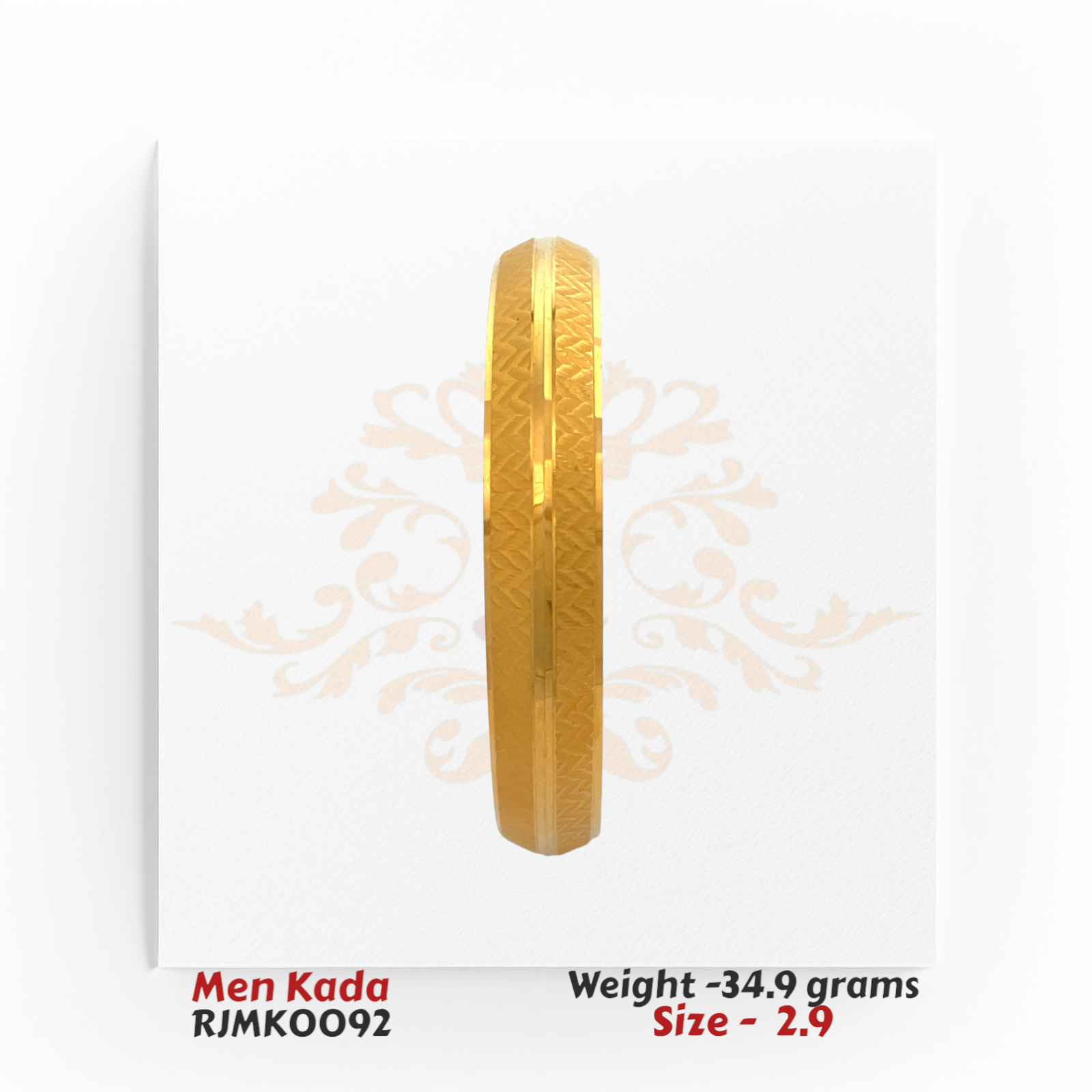 22kt gold men's kada with subtle textured chevron pattern and high-polish center groove, product code RJMK0092, weight 34.9 grams, size 2.9.