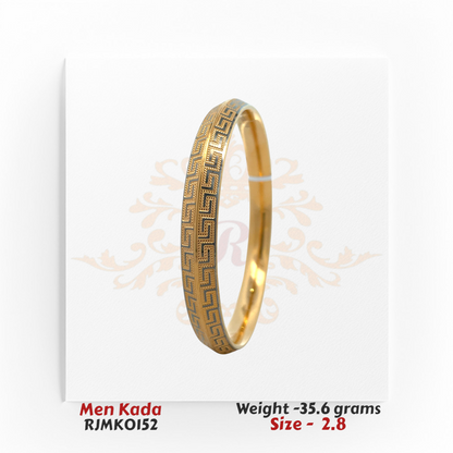 Angled view of RJMK0152 men’s gold kada featuring a detailed Greek key pattern, a brushed outer texture, and a smooth polished interior, size 2.8.