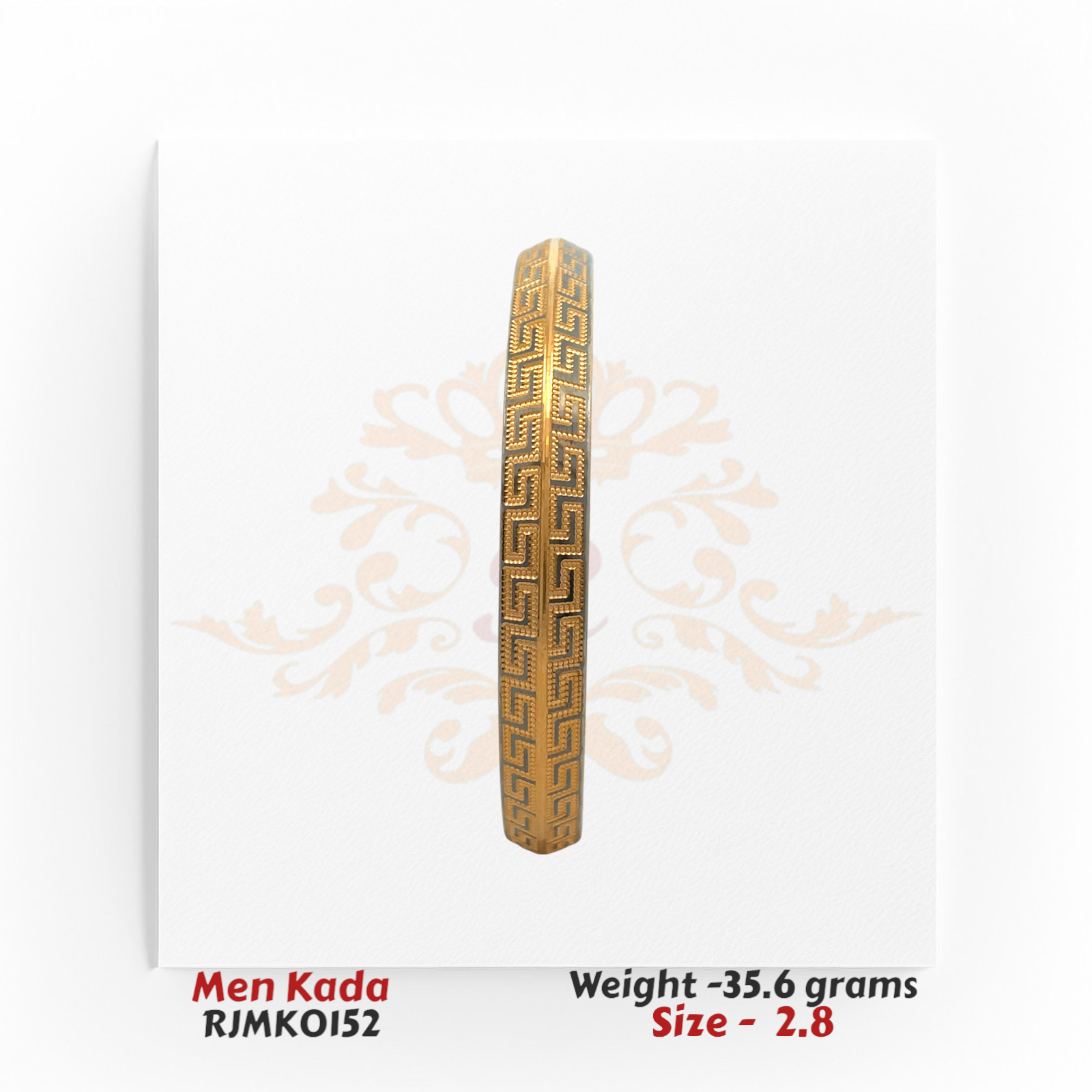 22kt gold men's kada with engraved Greek key pattern and textured finish, product code RJMK0152, weight 35.6 grams, size 2.8.
