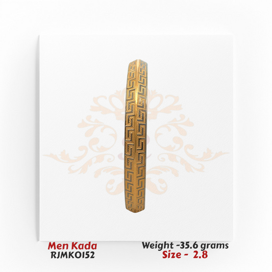 22kt gold men's kada with engraved Greek key pattern and textured finish, product code RJMK0152, weight 35.6 grams, size 2.8.