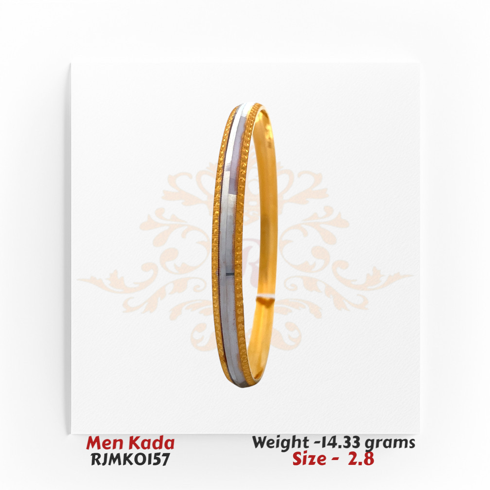 Men’s 22kt gold kada featuring a dual-tone design with a prominent central rhodium band. Product code RJMK0157, weight 14.33 grams, size 2.8.