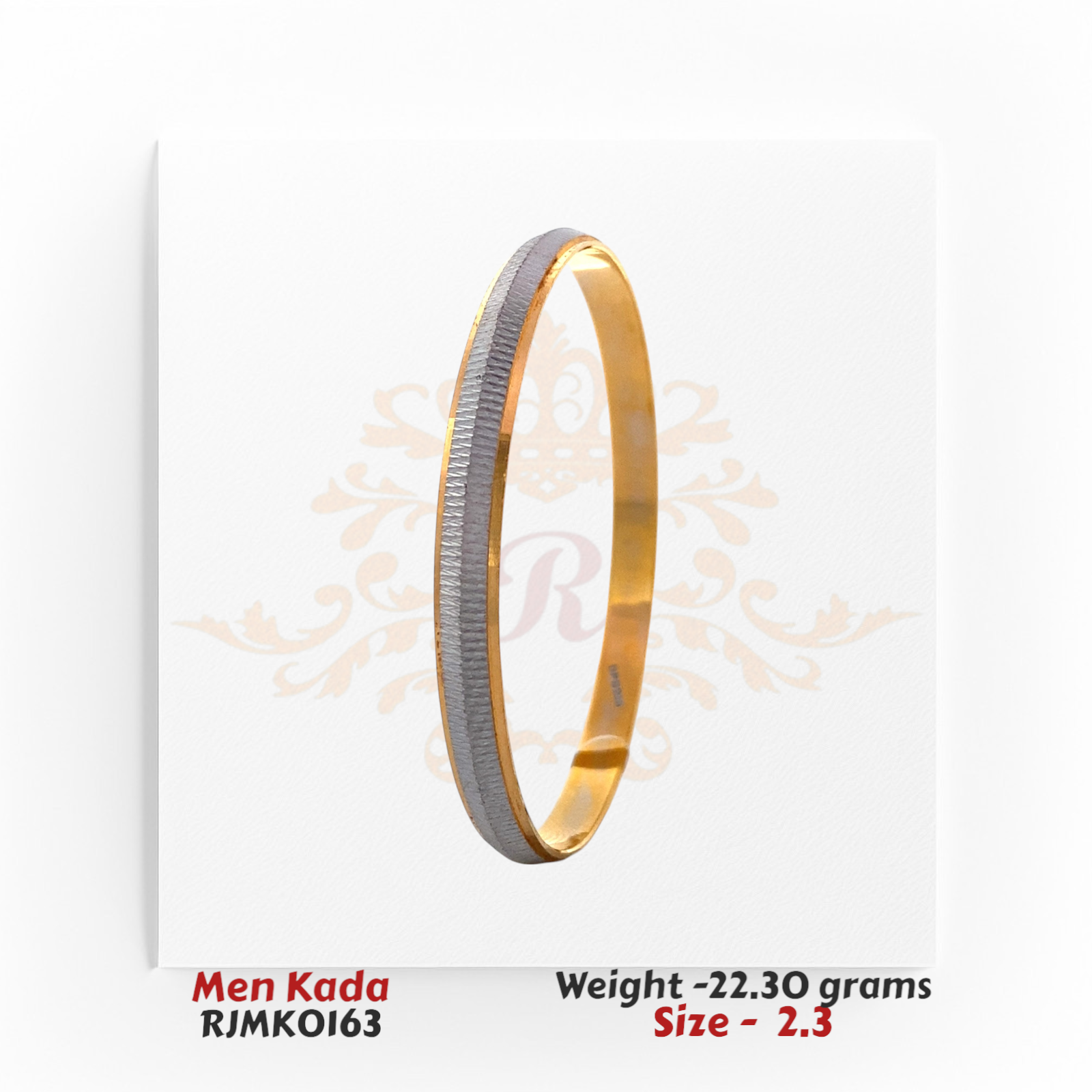 Men’s 22kt gold kada featuring a matte rhodium-finish center accented by sleek polished gold borders. Product code RJMK0163, weight 22.30 grams, size 2.3.