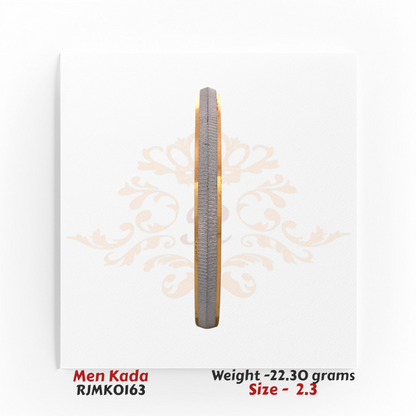 22kt gold men’s kada with matte rhodium-finish center and polished gold borders, product code RJMK0163, weight 22.30 grams, size 2.3.