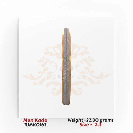22kt gold men’s kada with matte rhodium-finish center and polished gold borders, product code RJMK0163, weight 22.30 grams, size 2.3.