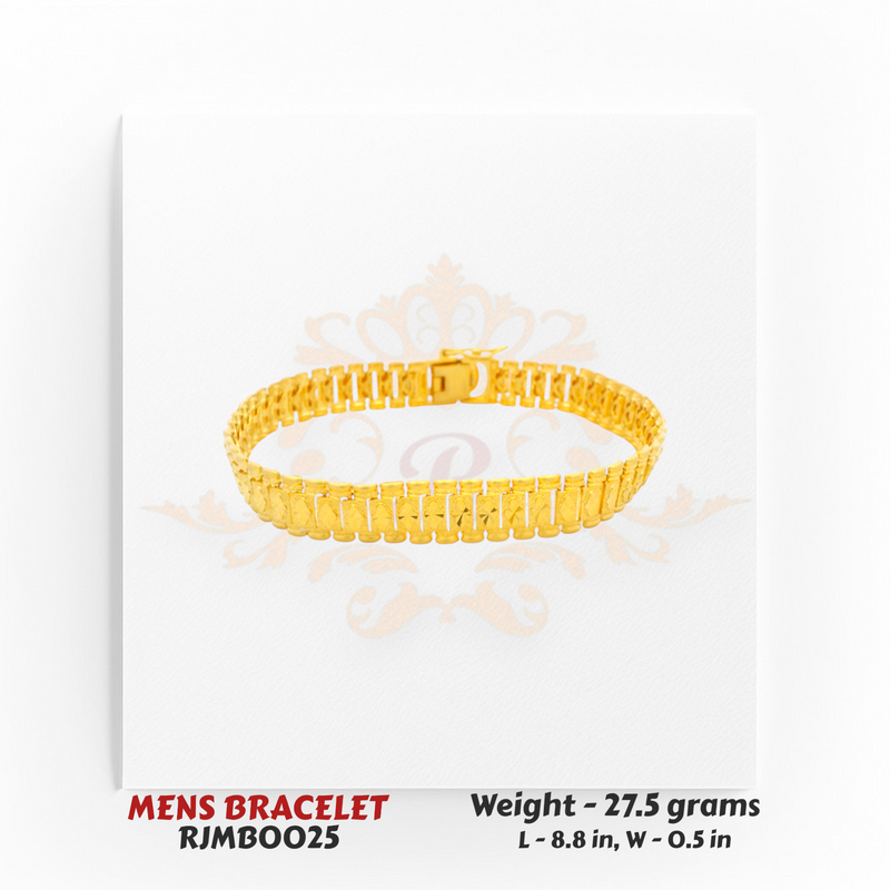 22kt Gold Men's Bracelet RJMB0025 – Classic rectangular patterned links with polished finish, 27.5 grams, 8.8 inches, elegant men’s jewelry by Regal Jewels Chicago.