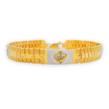 Elegant 22kt gold men’s bracelet featuring Khanda emblem centerpiece on white and gold plate – RJMB0033.