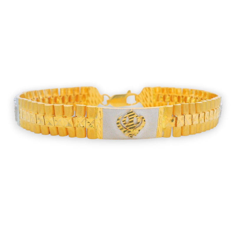 Elegant 22kt gold men’s bracelet featuring Khanda emblem centerpiece on white and gold plate – RJMB0033.