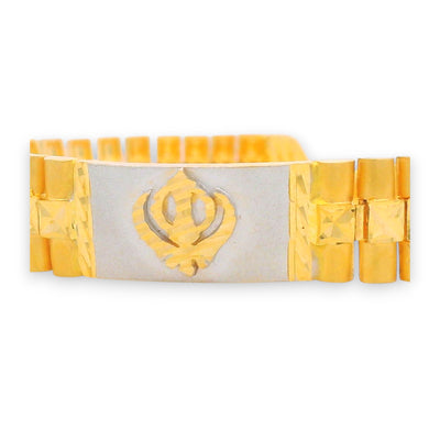 Detailed view of Khanda emblem centerpiece on dual-tone 22kt gold men’s bracelet – RJMB0033.