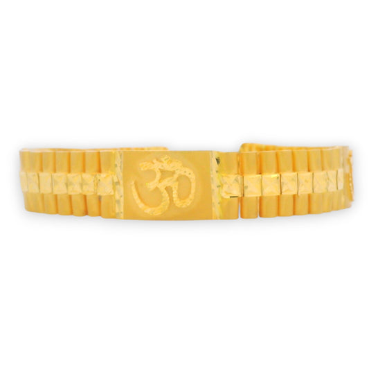 Elegant 22kt gold men’s bracelet featuring Om symbol centerpiece with textured square link band – RJMB0036.