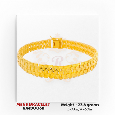22kt Gold Men's Bracelet RJMB0068 – Smooth circular link design with diamond-cut texture, 22.6 grams, 7.5 inches, luxurious handcrafted bracelet by Regal Jewels Chicago.