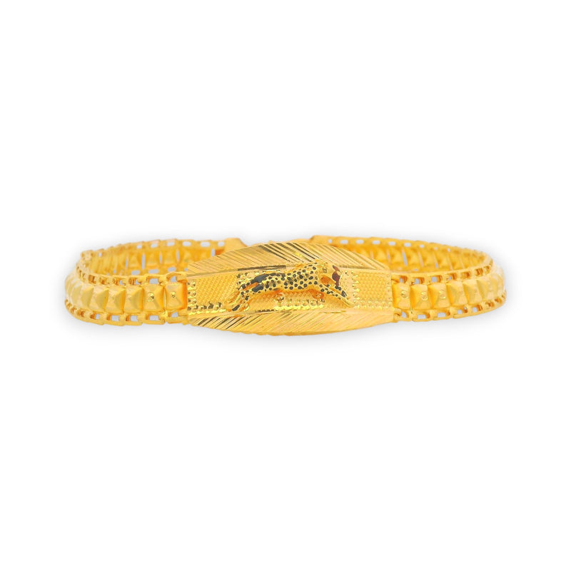 Elegant 22kt gold men’s bracelet with running leopard centerpiece and textured link design, perfect for stylish daily wear – RJMB0082.