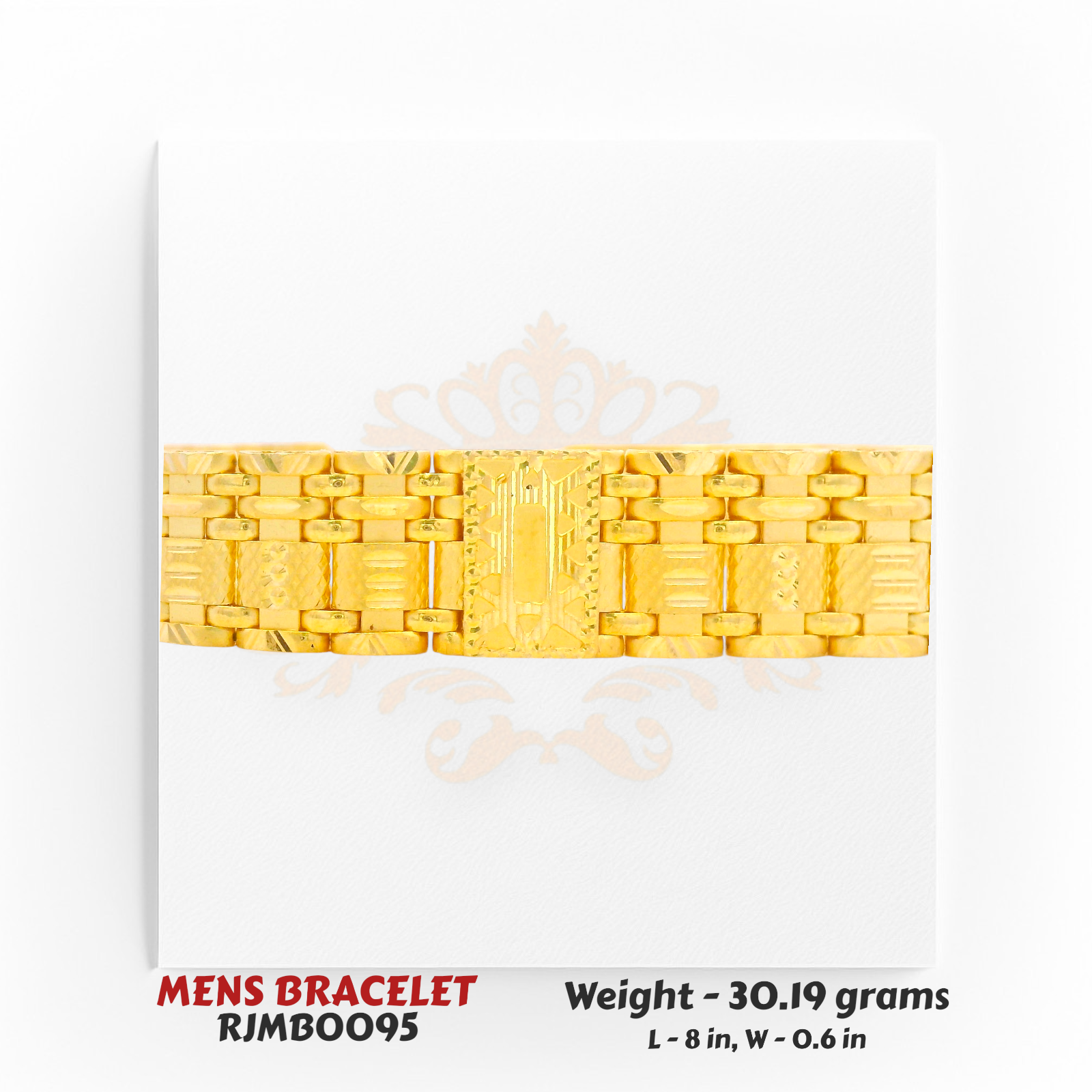 Center design of 22kt Gold Men's Bracelet RJMB0095 featuring textured rectangular motifs and high-shine polish by Regal Jewels Chicago.