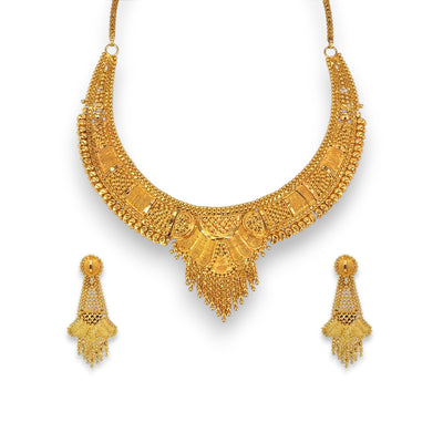 22kt Gold Bridal Necklace Set with Antique Fan Motif Choker Design – 53.85 gm – RJOMS3025 – Regal Jewels Chicago