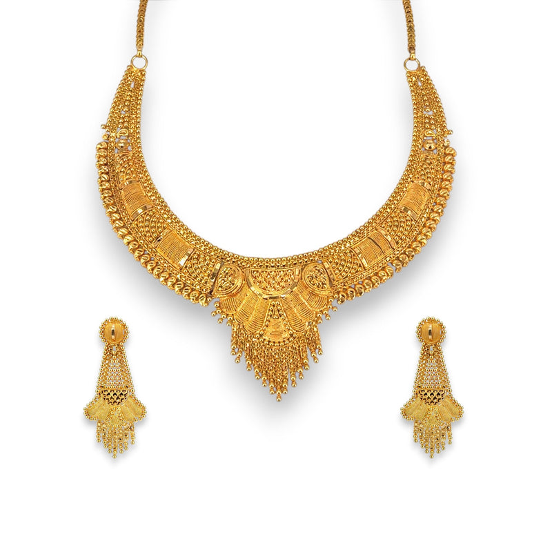 22kt Gold Bridal Necklace Set with Antique Fan Motif Choker Design – 53.85 gm – RJOMS3025 – Regal Jewels Chicago