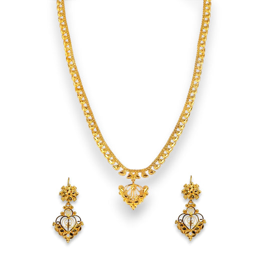 22kt gold necklace set with dual-tone floral filigree design, featuring a heart-shaped pendant and matching drop earrings – 32.16 gm (RJOMS3032), handcrafted by Regal Jewels Chicago.