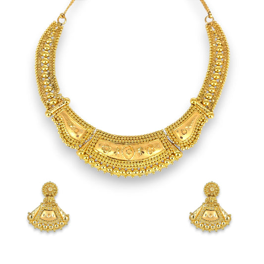22kt gold antique bridal necklace set with traditional temple-inspired choker design featuring engraved floral motifs, intricate beadwork, and matching dome earrings – 44.43 gm (RJOMS3033), handcrafted by Regal Jewels Chicago.
