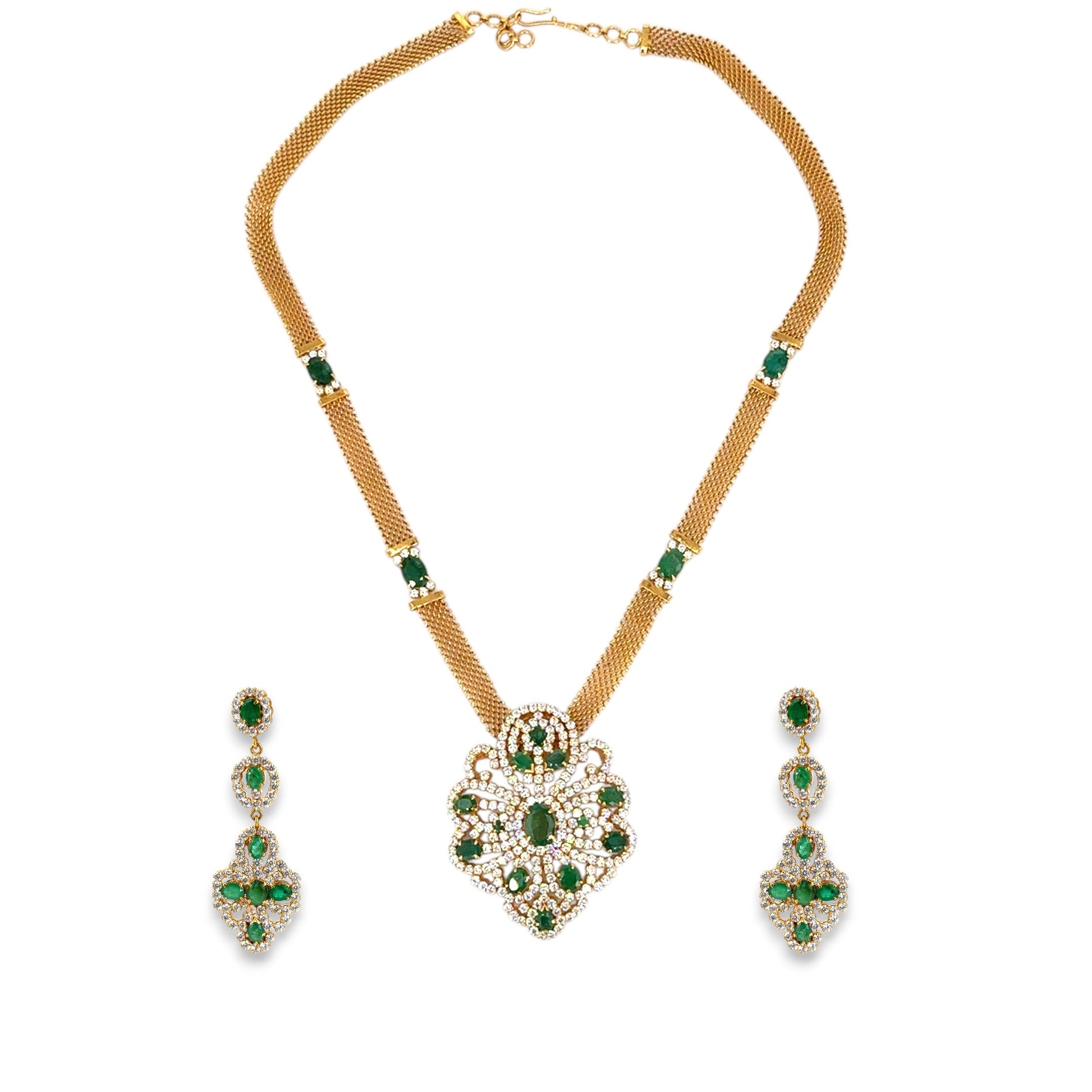 22kt Gold Necklace Set RJOMS3034 featuring an emerald and diamond-cut pendant on a gold mesh chain, adorned with white stones and matching long drop earrings – a luxurious handcrafted gemstone jewelry design from Regal Jewels Chicago.