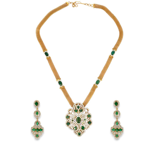 22kt Gold Necklace Set RJOMS3034 featuring an emerald and diamond-cut pendant on a gold mesh chain, adorned with white stones and matching long drop earrings – a luxurious handcrafted gemstone jewelry design from Regal Jewels Chicago.