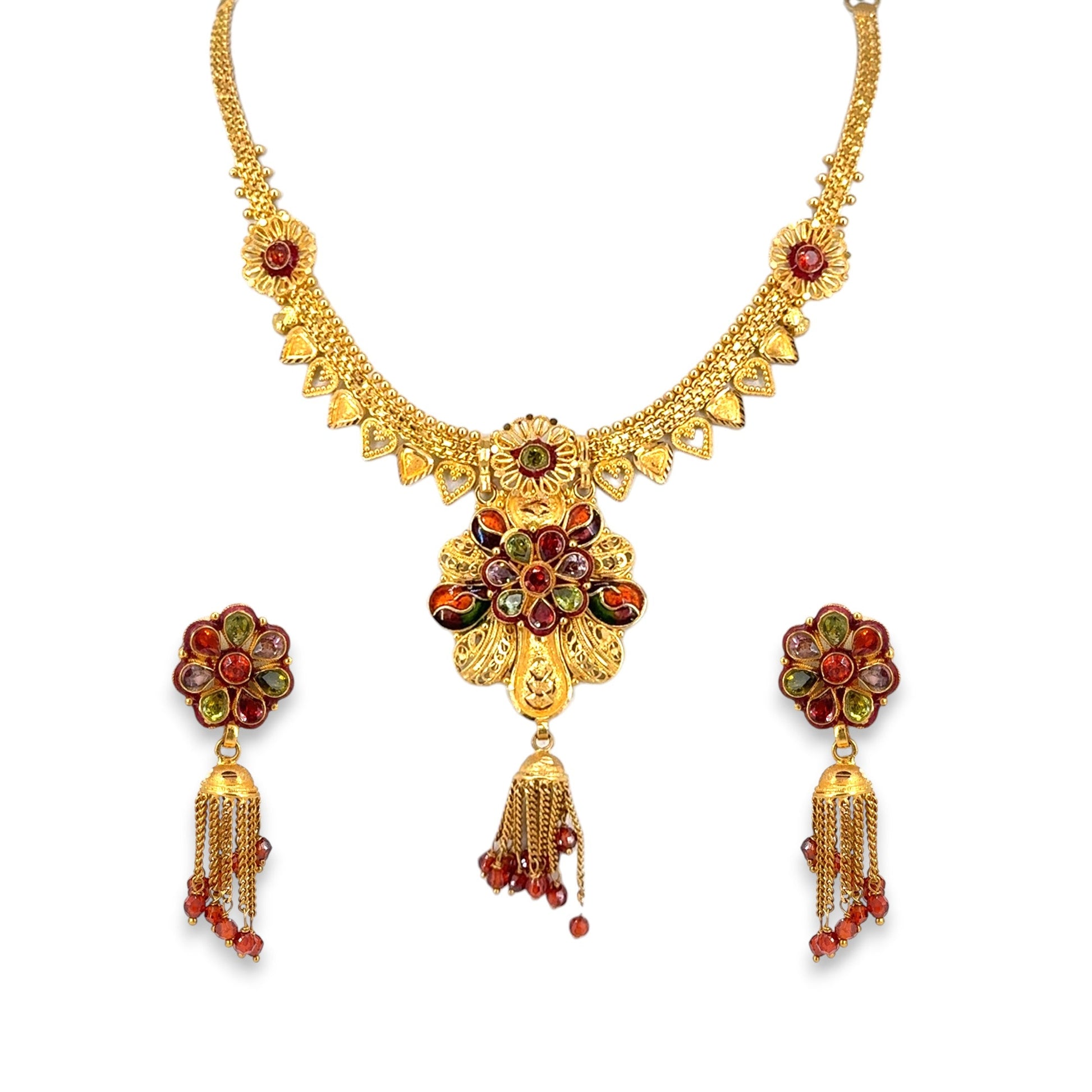 22kt Gold Necklace Set RJOMS3035 featuring an antique floral Kundan design with red and green gemstones, intricate filigree detailing, and tassel drops, paired with matching floral earrings – a vibrant handcrafted traditional jewelry set from Regal Jewels Chicago.