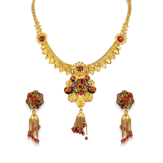 22kt Gold Necklace Set RJOMS3035 featuring an antique floral Kundan design with red and green gemstones, intricate filigree detailing, and tassel drops, paired with matching floral earrings – a vibrant handcrafted traditional jewelry set from Regal Jewels Chicago.
