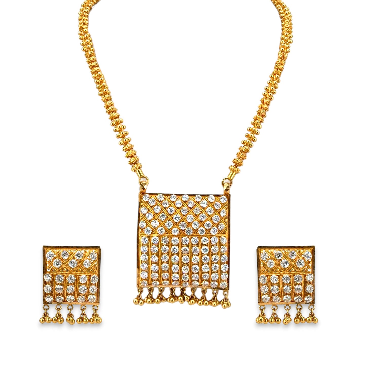 22kt Gold Necklace Set RJOMS3037 featuring a bold geometric square pendant encrusted with diamond-cut stones and delicate bead hangings, paired with matching square earrings – a contemporary handcrafted jewelry design from Regal Jewels Chicago.