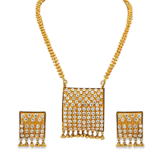 22kt Gold Necklace Set RJOMS3037 featuring a bold geometric square pendant encrusted with diamond-cut stones and delicate bead hangings, paired with matching square earrings – a contemporary handcrafted jewelry design from Regal Jewels Chicago.