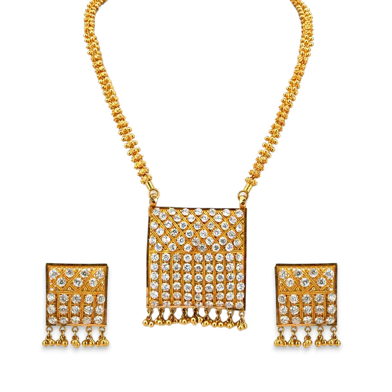 22kt Gold Necklace Set RJOMS3037 featuring a bold geometric square pendant encrusted with diamond-cut stones and delicate bead hangings, paired with matching square earrings – a contemporary handcrafted jewelry design from Regal Jewels Chicago.