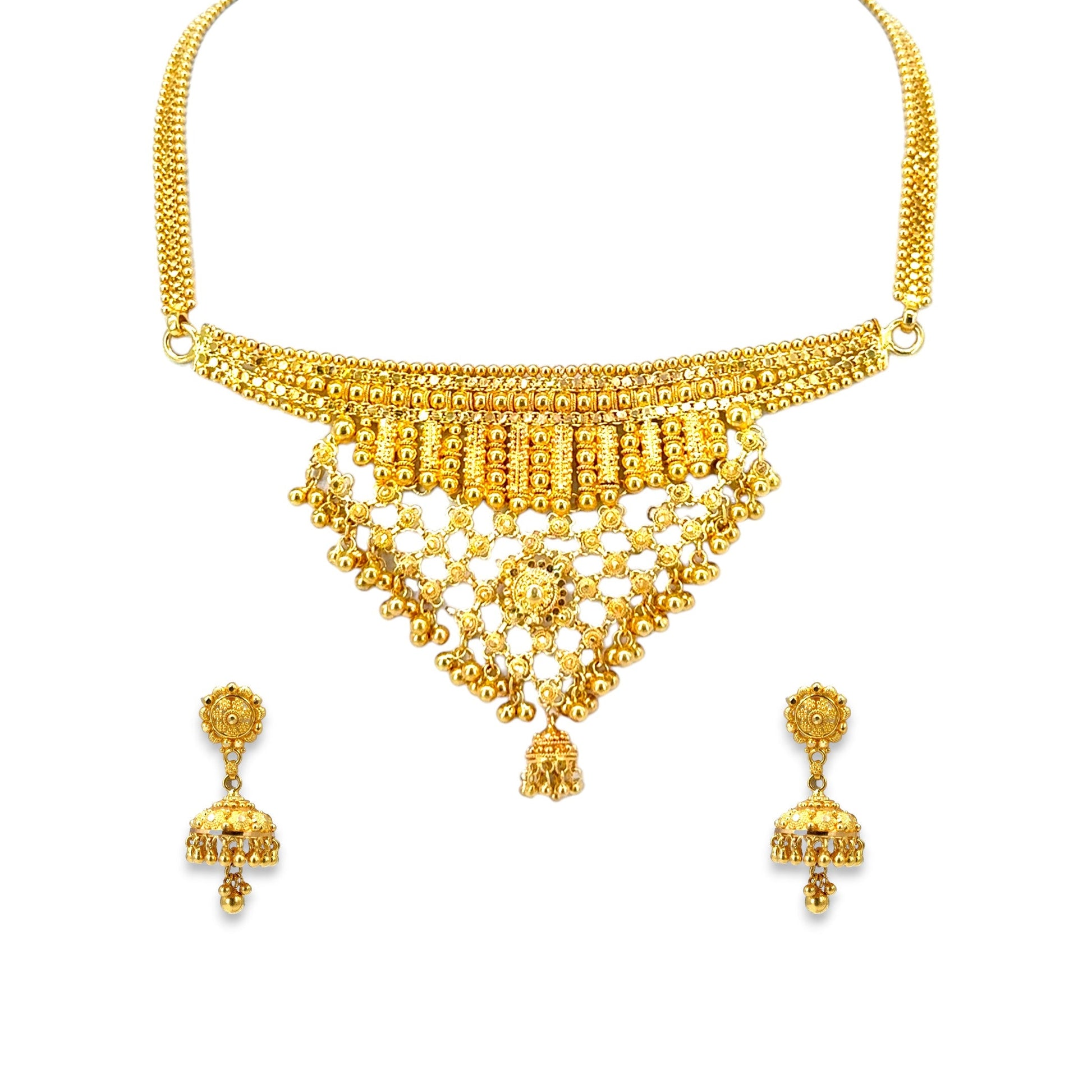 22kt Gold Bridal Necklace Set RJOMS3038 featuring a traditional mesh filigree triangular design with intricate bead detailing and a central floral motif, paired with matching jhumka earrings – a handcrafted heritage-inspired jewelry set from Regal Jewels Chicago.