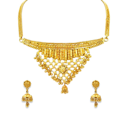 22kt Gold Bridal Necklace Set RJOMS3038 featuring a traditional mesh filigree triangular design with intricate bead detailing and a central floral motif, paired with matching jhumka earrings – a handcrafted heritage-inspired jewelry set from Regal Jewels Chicago.