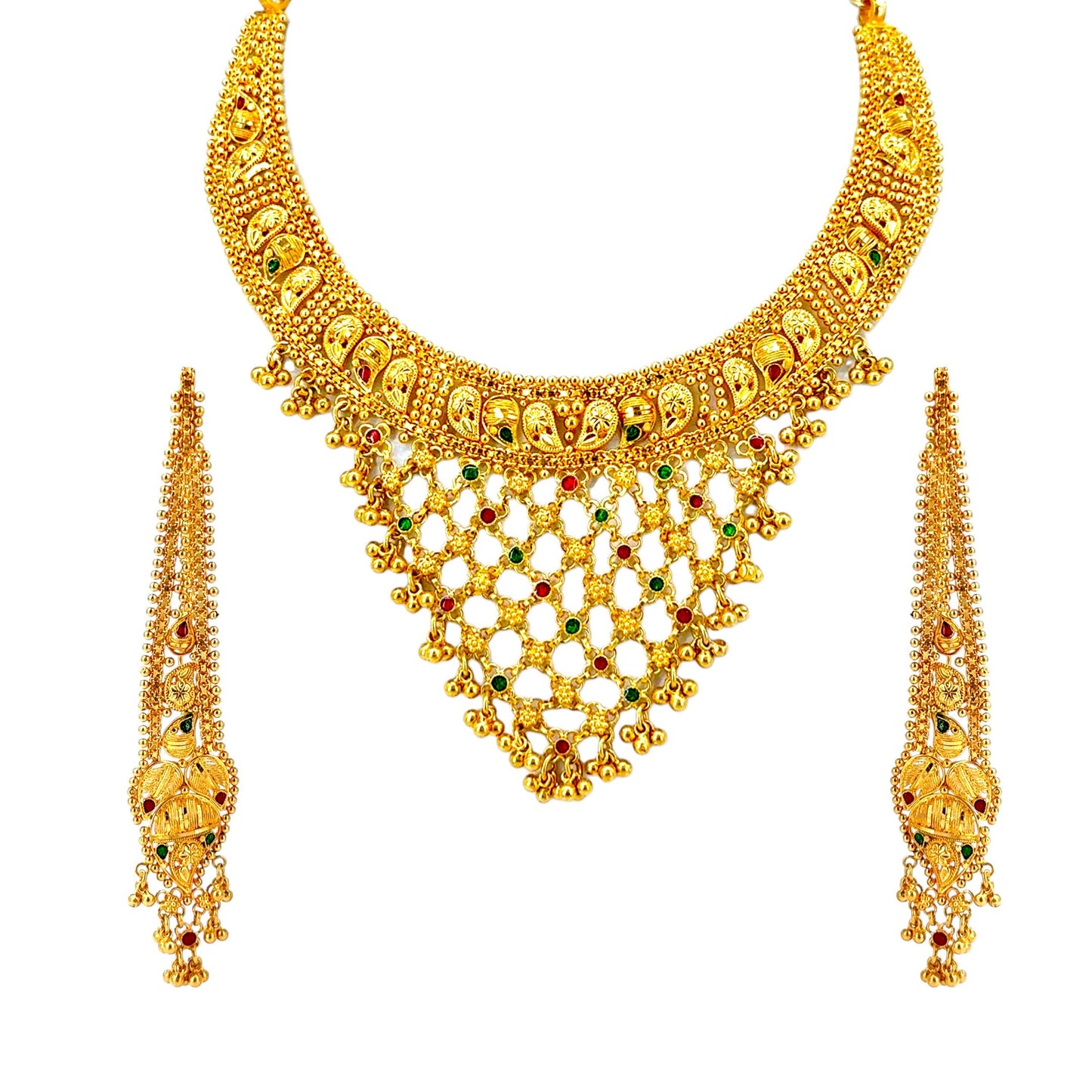 22kt Gold Bridal Necklace Set RJOMS3041 featuring an intricate peacock motif choker design with fine filigree craftsmanship, red and green gemstone accents, and cascading mesh detailing, paired with matching long drop earrings – a luxurious handcrafted bridal jewelry set from Regal Jewels Chicago.