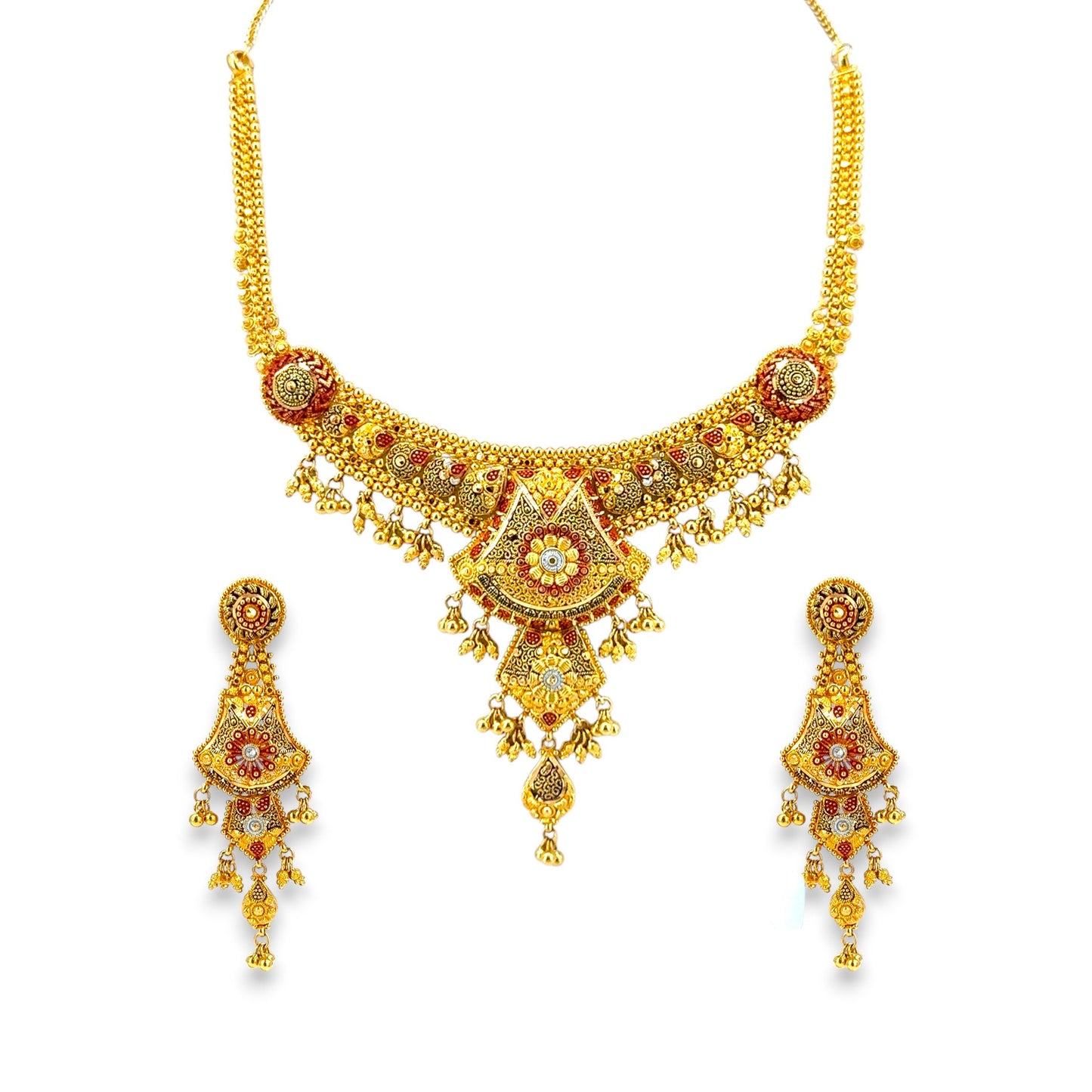 22kt Gold Bridal Necklace Set RJOMS3042 featuring an antique floral meenakari design with red and white enamel detailing, intricate filigree craftsmanship, and hanging gold beads, paired with matching drop earrings – a vibrant traditional bridal jewelry set from Regal Jewels Chicago.